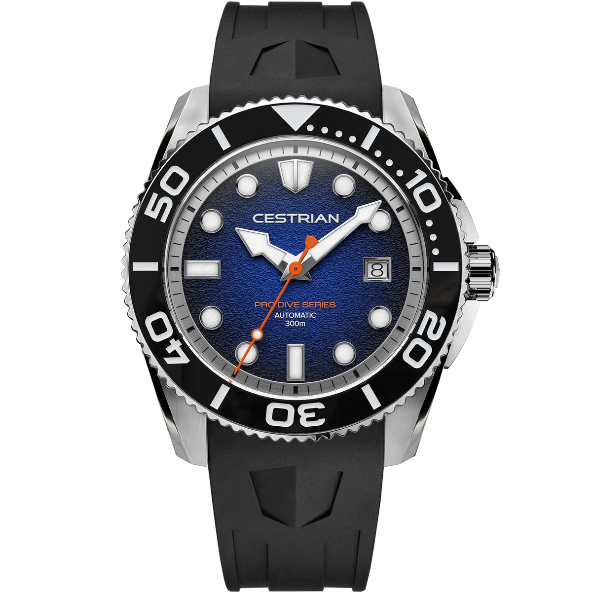 Cestrian Pro Dive Series CP-BLB002 front view of blue fumé dial automatic diver watch with steel case and black silicone strap