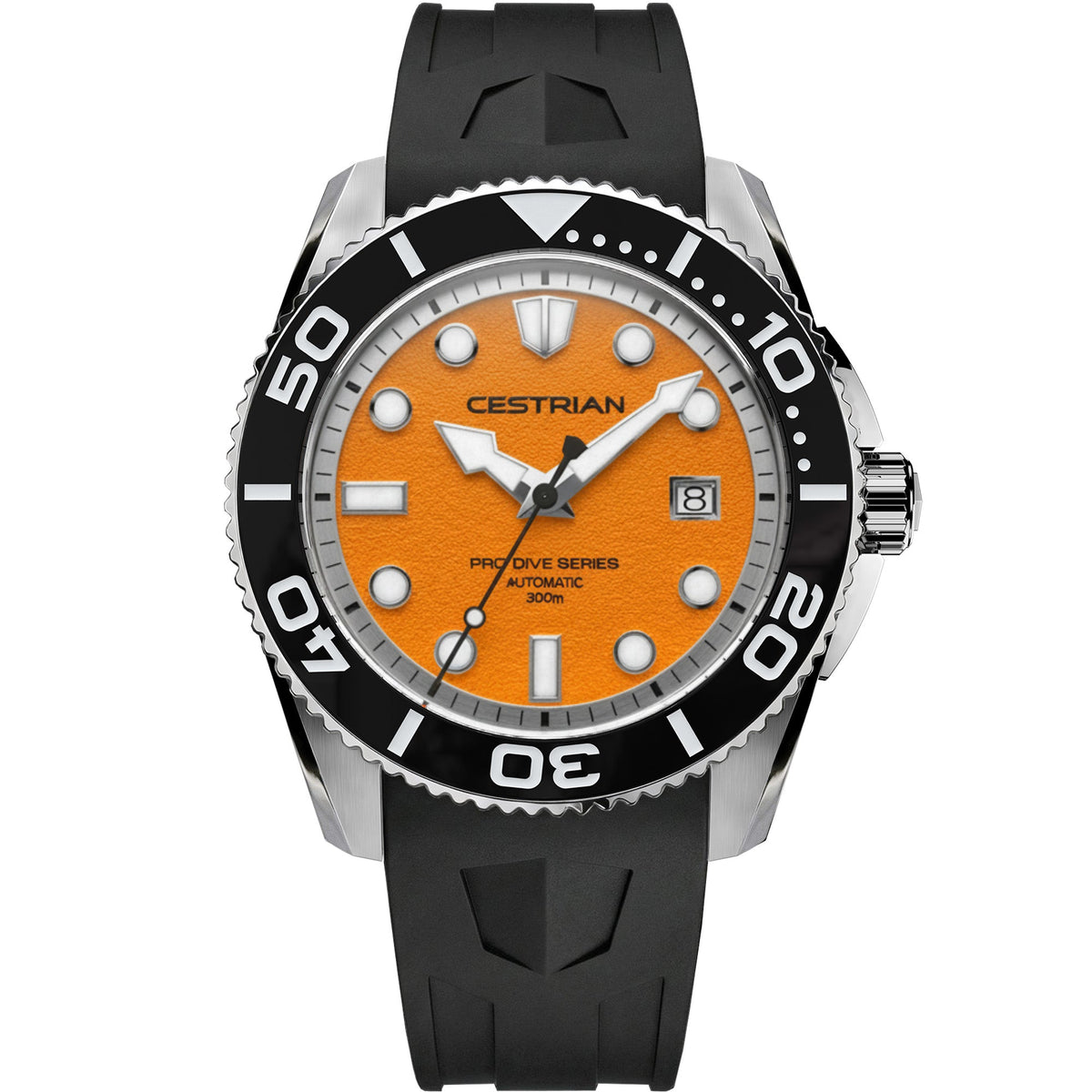 Cestrian Pro Dive Series CP-ORB002 front view of orange dial automatic diver watch with steel case and black silicone strap