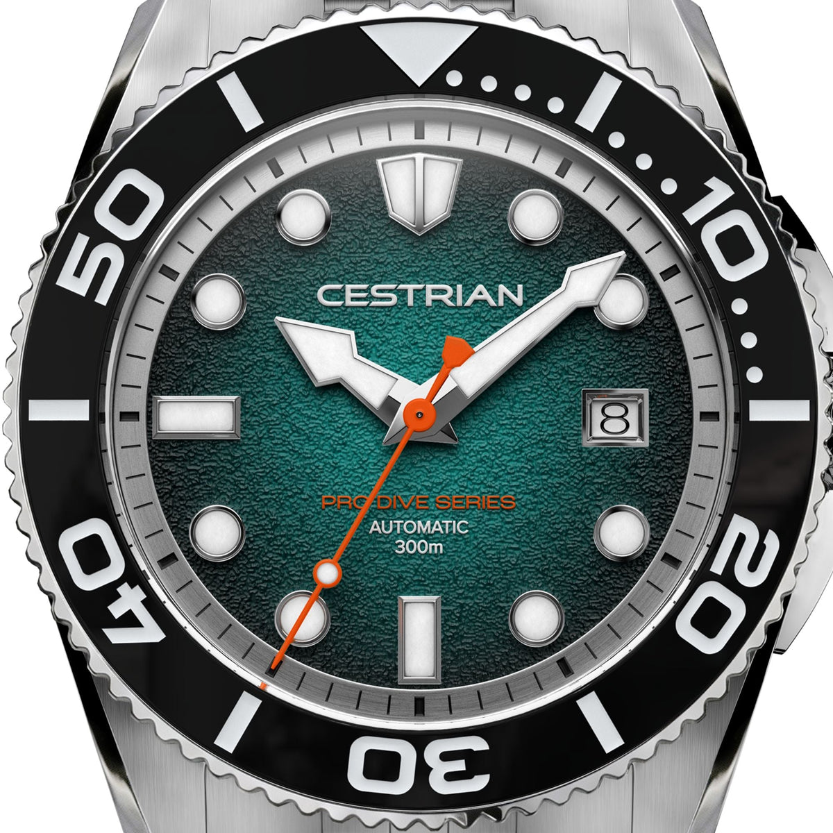 Cestrian Pro Dive Series CP-TLB002 close-up view of textured teal fumé dial face with luminous indices and orange seconds hand