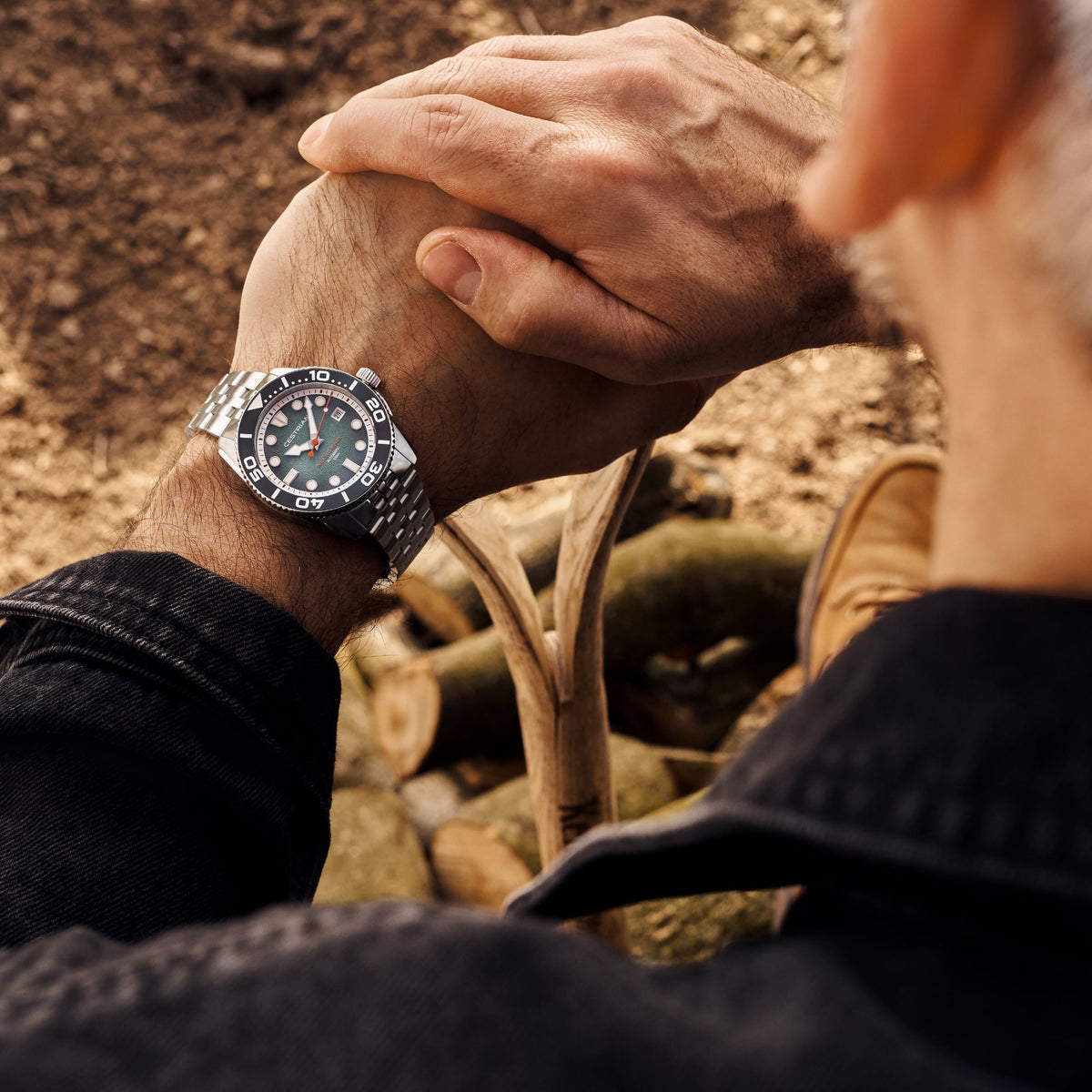 Cestrian Pro Dive Series CP-TLB001 textured teal dial wrist lifestyle detail