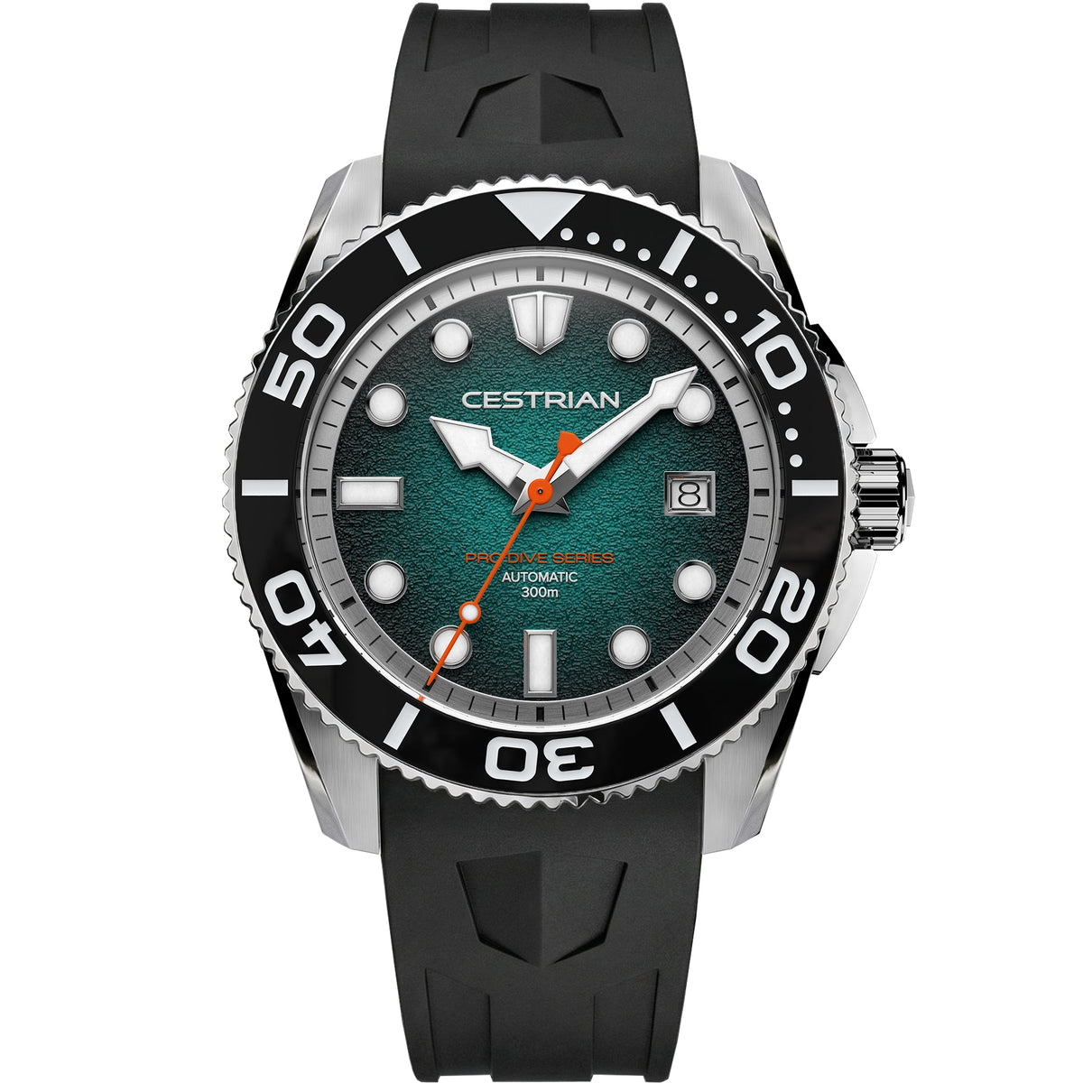 Cestrian Pro Dive Series CP-TLB002 front view of teal fumé dial automatic diver watch with steel case and black silicone strap