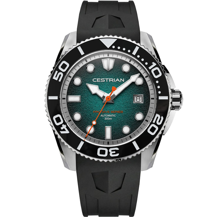Cestrian Pro Dive Series CP-TLB002 front view of teal fumé dial automatic diver watch with steel case and black silicone strap