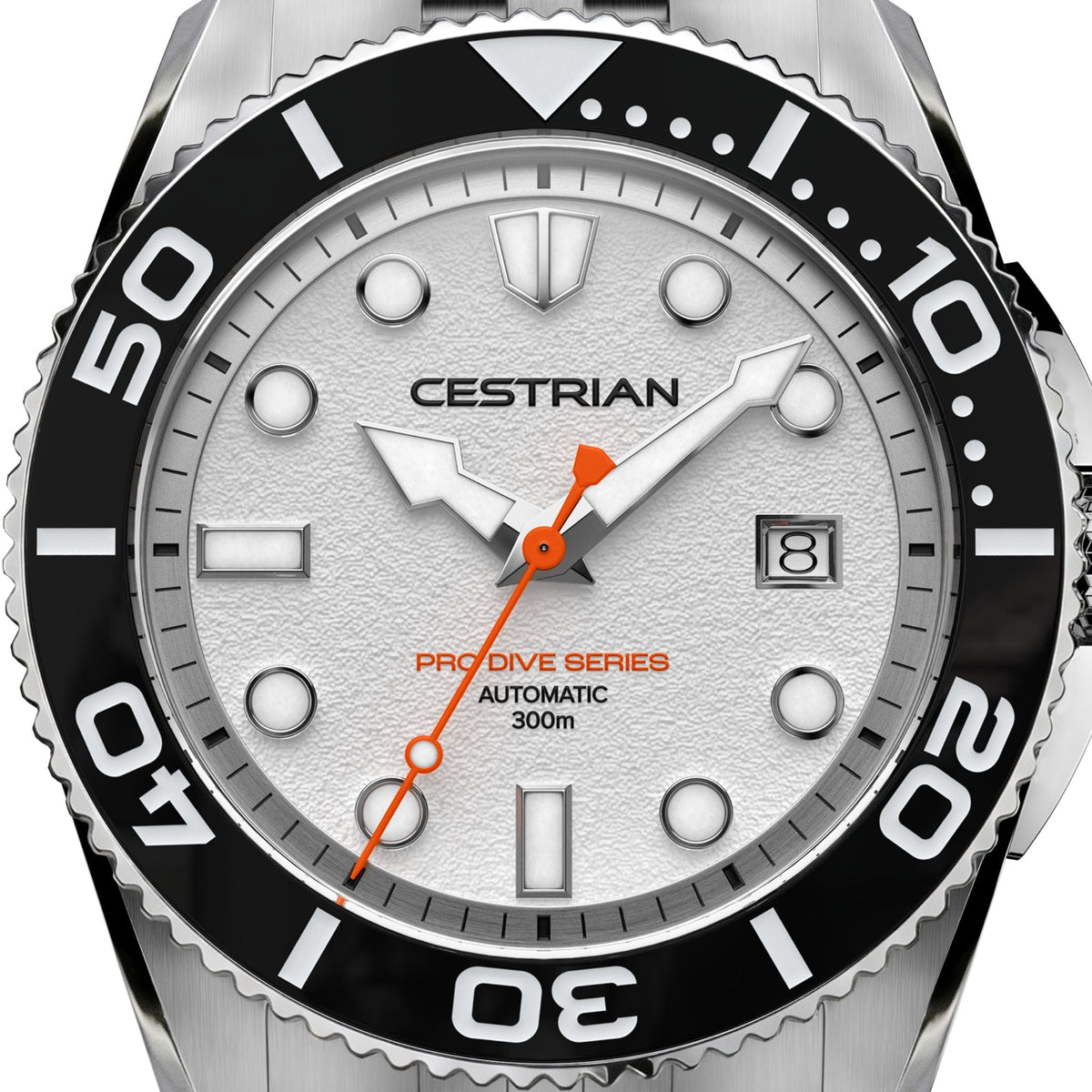 Cestrian Pro Dive Series CP-WTB002 close-up view of textured white dial face with luminous indices and orange seconds hand