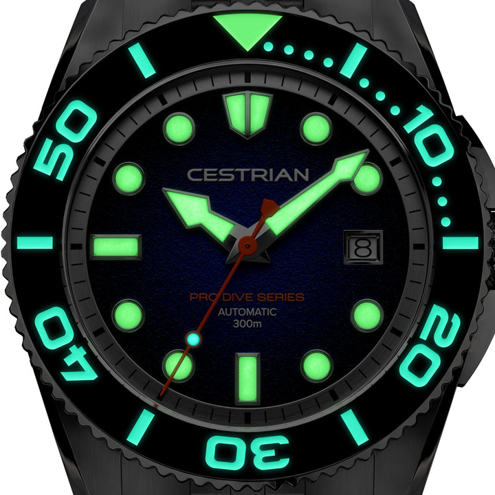 Cestrian Pro Dive Series CP-BKB002 macro shot showing glowing green lume on hands and bezel in dark conditions