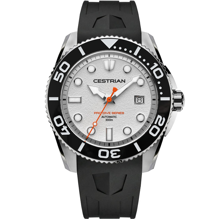 Cestrian Pro Dive Series CP-WTB002 front view of white dial automatic diver watch with steel case and black silicone strap
