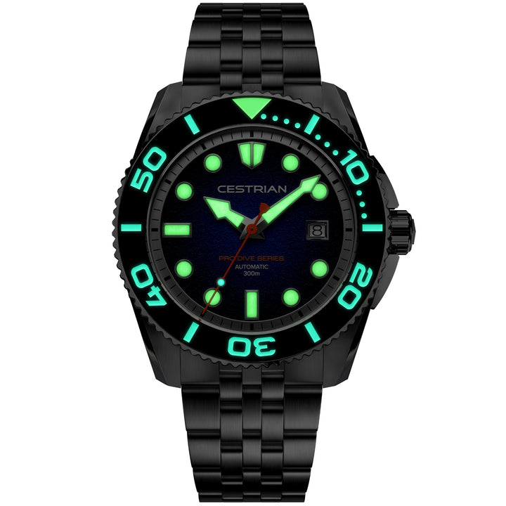 Cestrian Pro Dive Series CP-ORB001 low-light front view highlighting glowing luminous hands and bezel markers