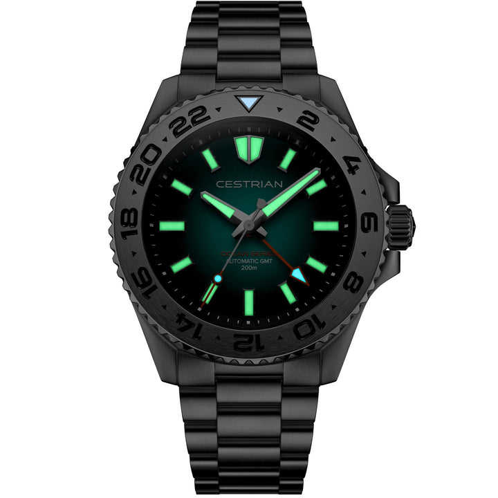 Cestrian Ocean Series CO-BGS001 low-light front view highlighting glowing luminous hands and hour markers
