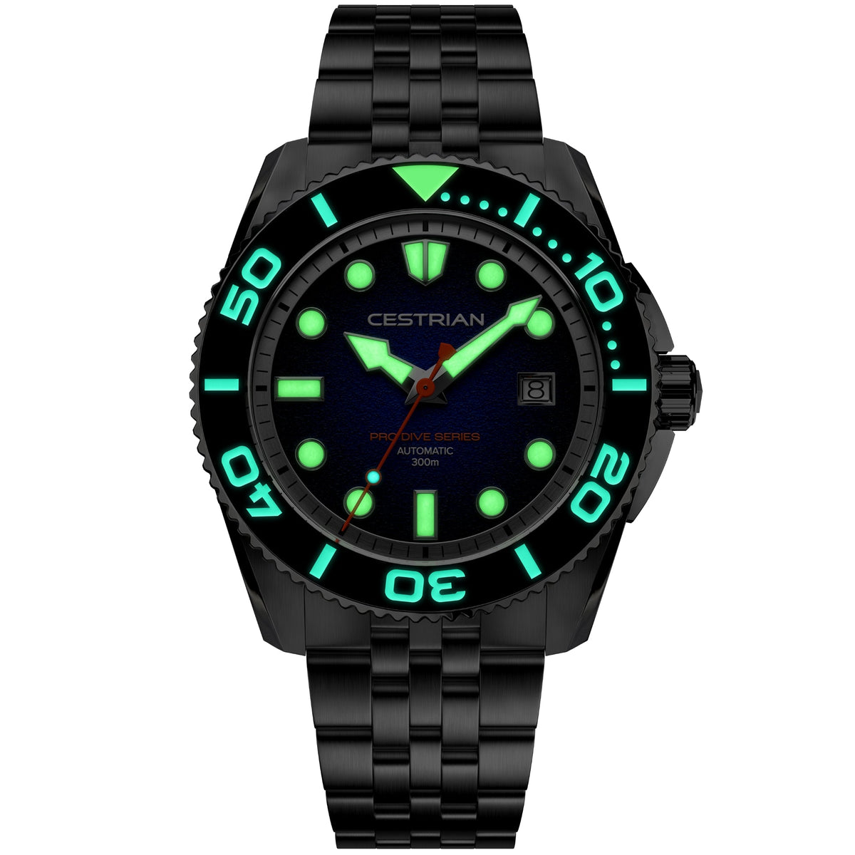 Cestrian Pro Dive Series CP-WTB001 low-light front view highlighting glowing luminous hands and bezel markers