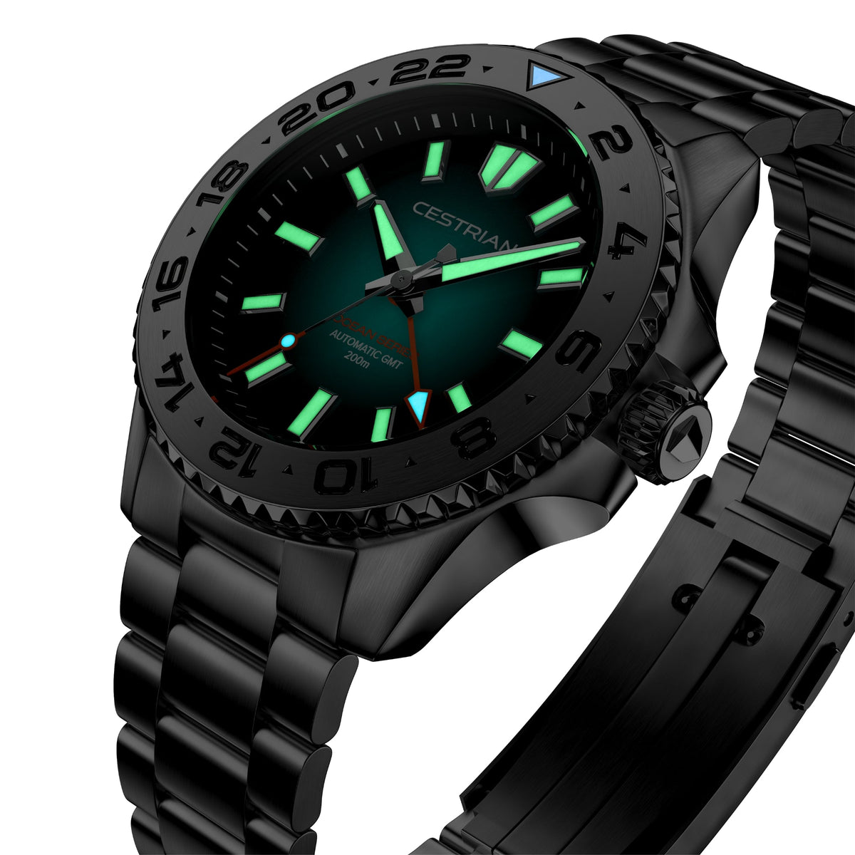 Cestrian Ocean Series CO-SWS001 angled view displaying luminous dial elements and GMT bezel details in the dark