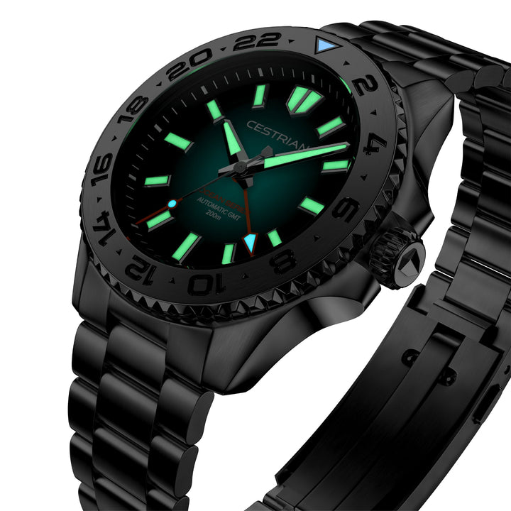 Cestrian Ocean Series CO-SWS001 angled view displaying luminous dial elements and GMT bezel details in the dark