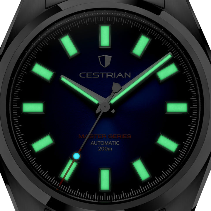 Cestrian Master Series CM-BK001 macro shot showing glowing green lume on hands and indices in the dark