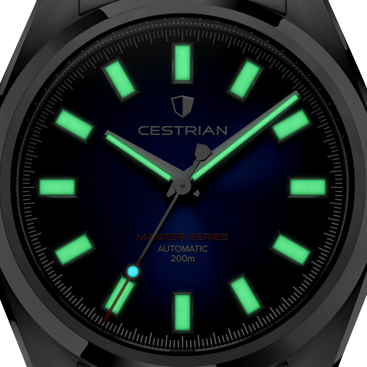 Cestrian Master Series CM-WG001 macro shot showing glowing green lume on hands and indices in dark conditions
