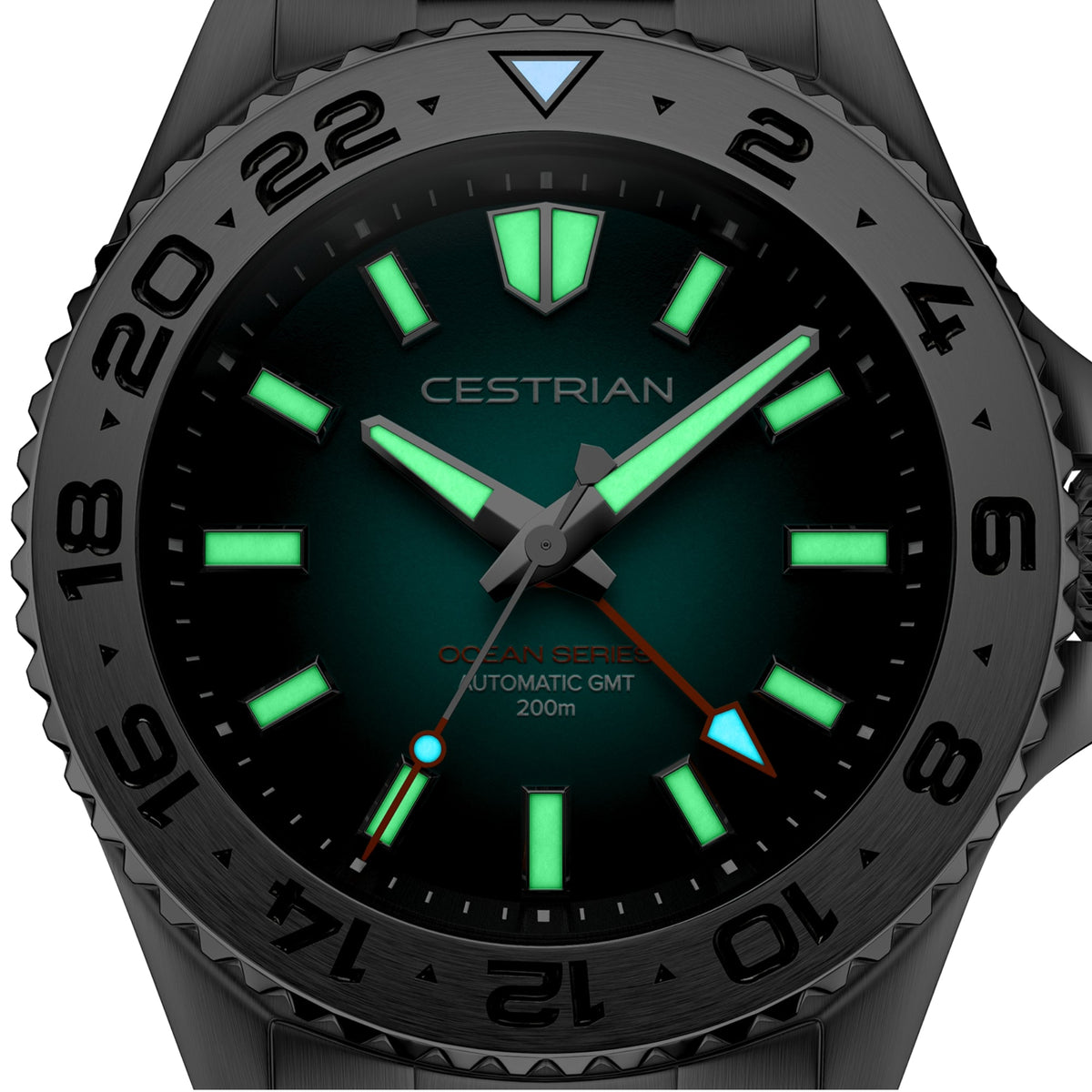 Cestrian Ocean Series CO-SWS001 macro shot showing glowing green lume on hands and indices in dark conditions