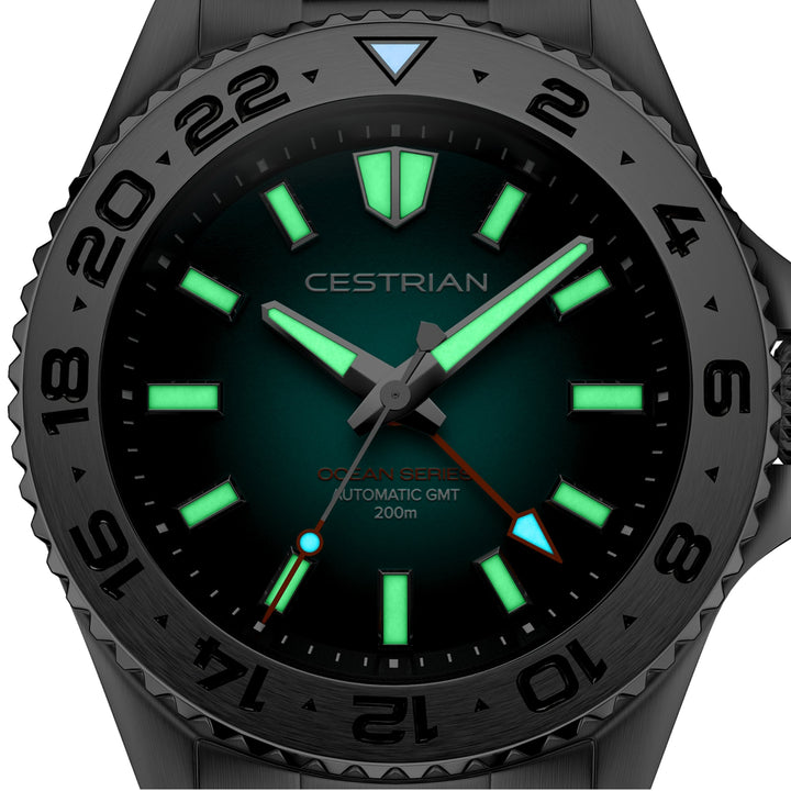 Cestrian Ocean Series CO-SWS001 macro shot showing glowing green lume on hands and indices in dark conditions