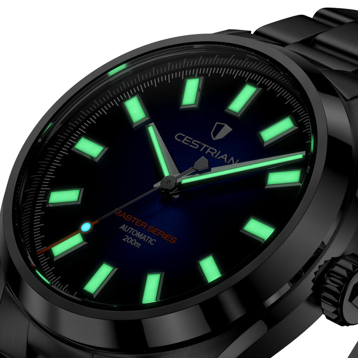 Cestrian Master Series CM-BK001 macro view displaying luminous hour markers and hands in low lighting