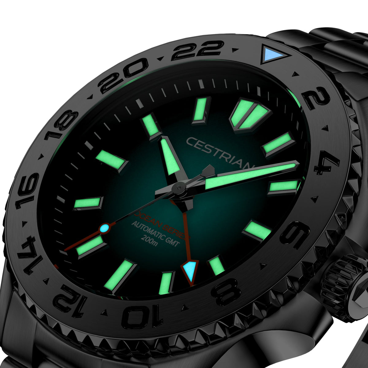 Cestrian Ocean Series CO-BGS001 macro view displaying luminous hour markers and hands in low lighting