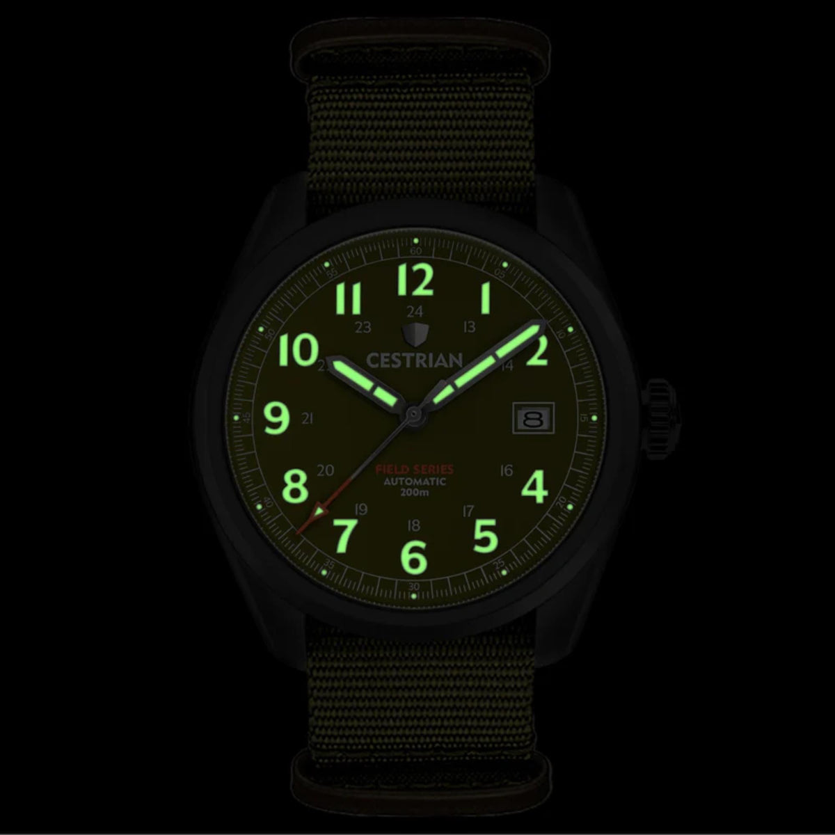 Cestrian Field Series CF321N5660 green dial luminous glow in the dark view